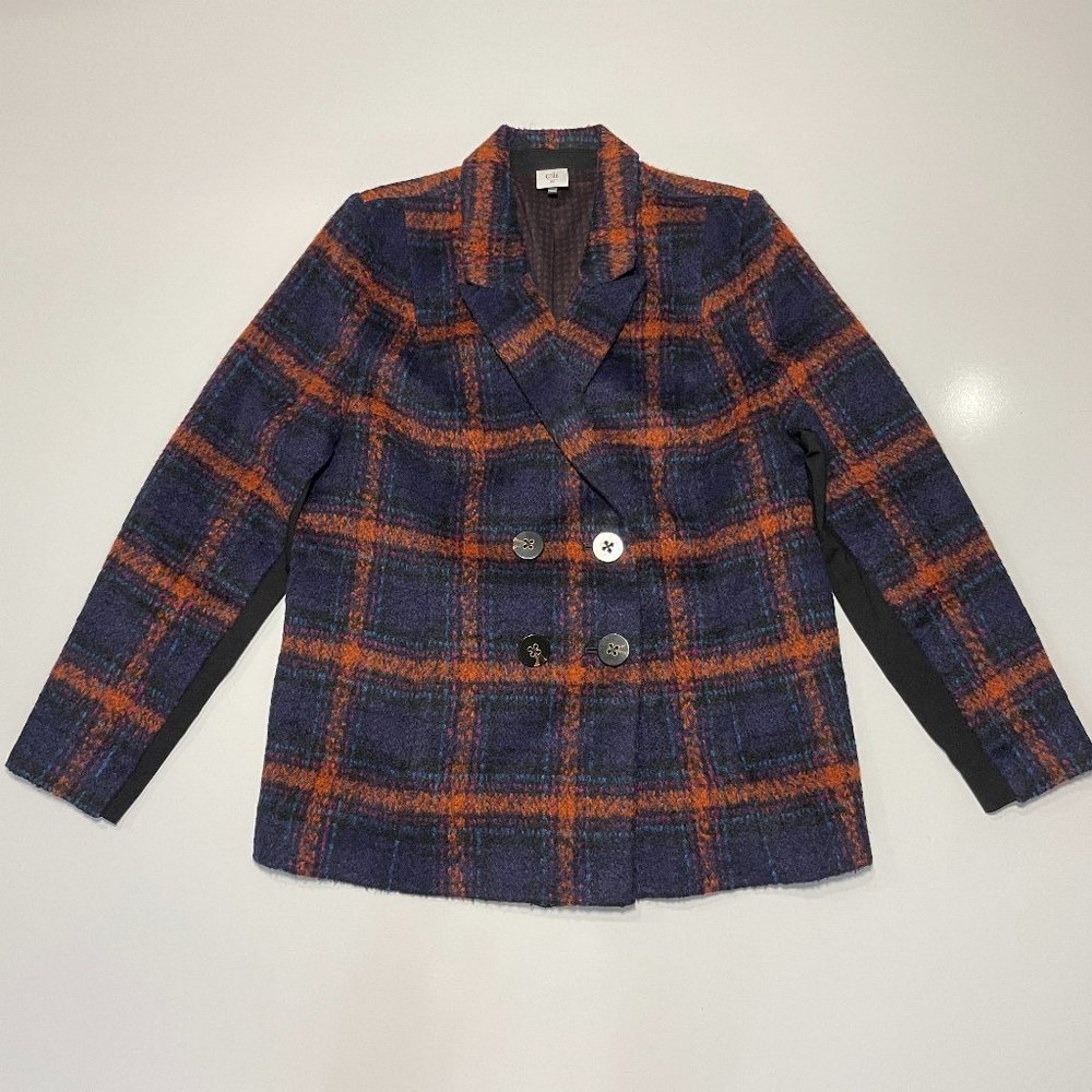 CABI Pea Coat Belted Jacket Plaid Women's V Neck High Collar  Size XL
